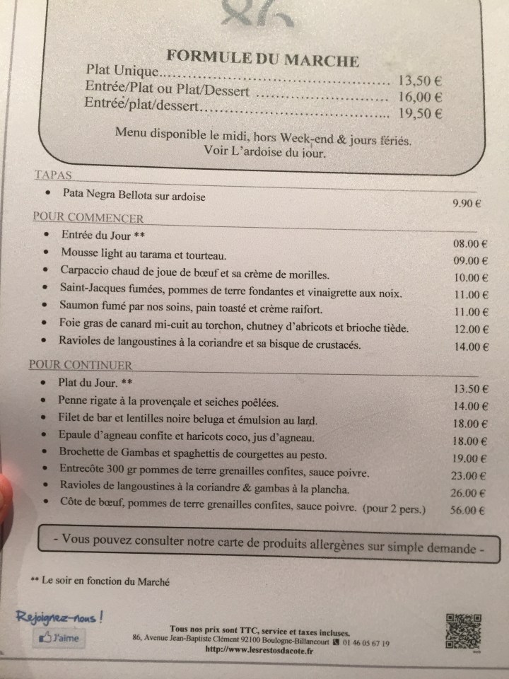 menu coté studio 86 restos de boulogne